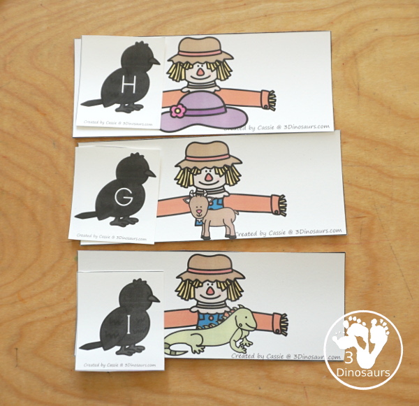 Free Scarecrow ABC Matching Printable -0 matching the beginning sound for each picture on the scarecrow with a crow that has an uppercase and lowercase letter. All 26 letters of the alphabet. - 3Dinosaurs.com