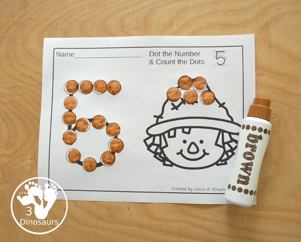 Scarecrow Dot the Number & Counting:  - Numbers 1 to 20 - with dot the number and the count and dot the circles on the scarecrow- 3Dinosaurs.com