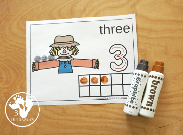 Free Scarecrow Counting Mats 1 to 10 - with ten counting mats - you have one mat for each number to work on one at at time with ten frames, counting area, and playdough number. - 3Dinosaurs.com