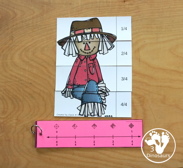 Free Scarecrow Fraction Puzzles - it has 7 fraction puzzles with 2, 3, 4, 5, 6, 8, 10 for the parts for the fractions  - 3Dinosaurs.com