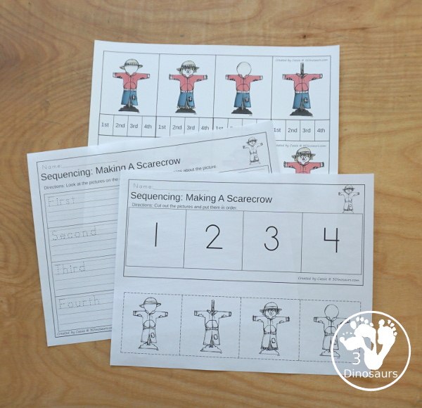 Free Sequencing Mini: Build a Scarecrow Printable with clip cards, order of event cards, writing paper for order of event and a cut and paste printables for the order of events. - 3Dinosaurs.com