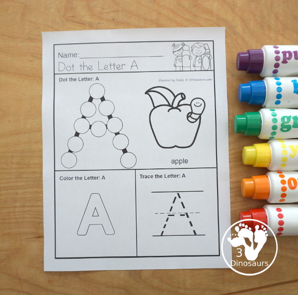 ABC Dot the Letter, Color the Letter & Trace the Letter - a fun letter worksheets with one letter on each page with a dot marker letter, a letter to color and a letter to trace, with a picture matching the beginning sound of the letter and the word for the picture - 3Dinosaurs.com
