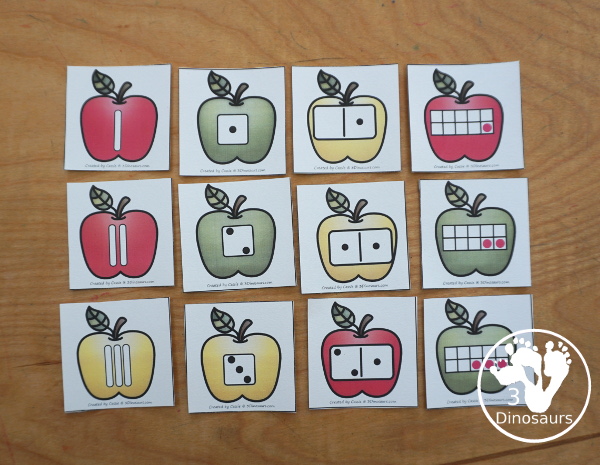 Free Apple Number Sense for Kids: Numbers 1 to 10 with apple tree for sorting and apples to sort to the trees with number sense for tally marks, dominos, ten frames, and dice - 3Dinosaurs.com