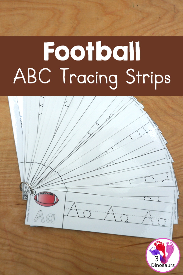 Free Football ABC Tracing Strips - with uppercase and lowercase together. You have fun kids with a Football- plus you can see an example of how to trace the letters - 3Dinosaurs.com