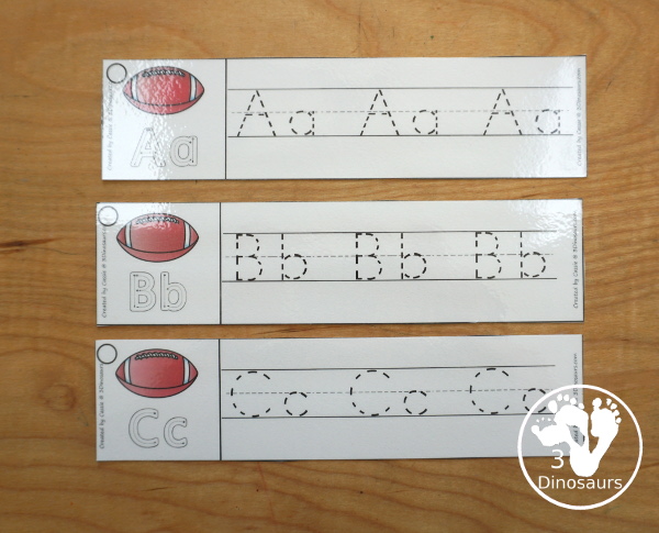Free Football ABC Tracing Strips - with uppercase and lowercase together. You have fun kids with a Football- plus you can see an example of how to trace the letters - 3Dinosaurs.com