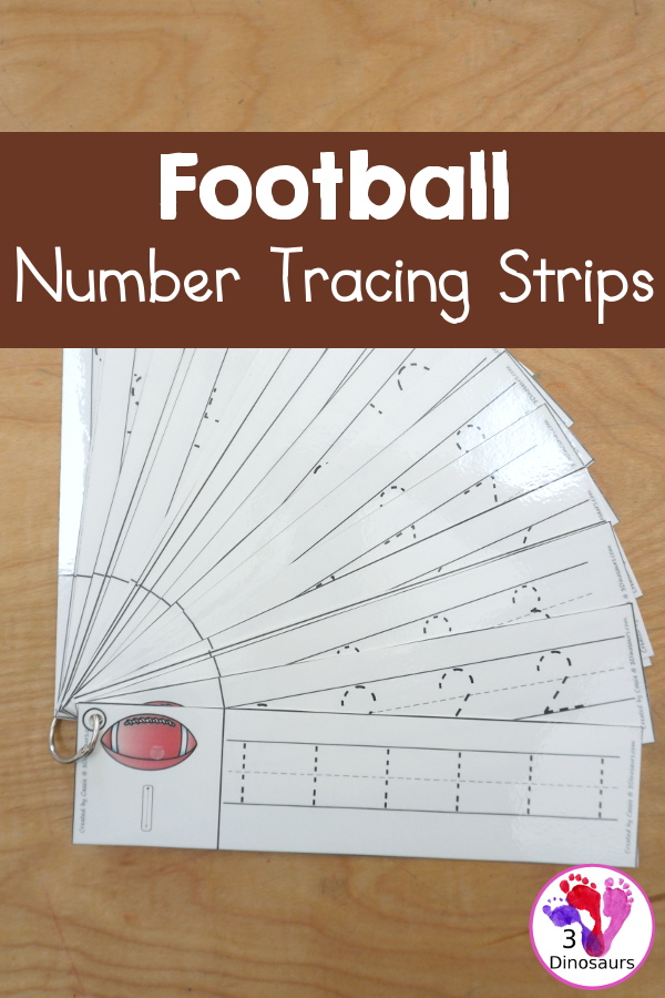 Free Football Number Tracing Strips - with numbers 0 to 20. You can tracing the numbers and an example of how to trace the numbers on the strips, plus a football on each tracing strip. - 3Dinosaurs.com
