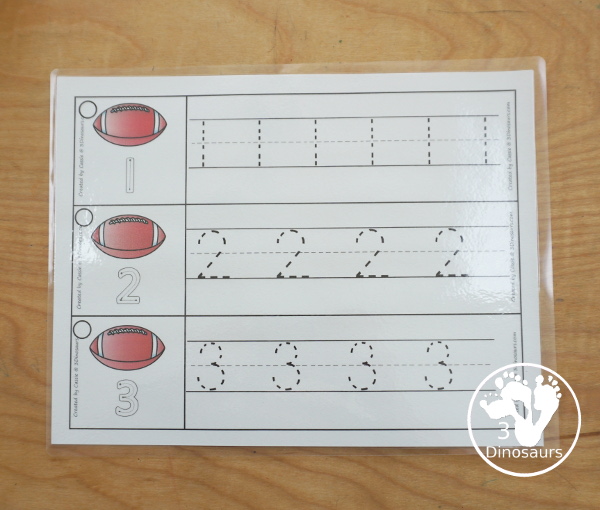 Free Football Number Tracing Strips - with numbers 0 to 20. You can tracing the numbers and an example of how to trace the numbers on the strips, plus a football on each tracing strip. - 3Dinosaurs.com