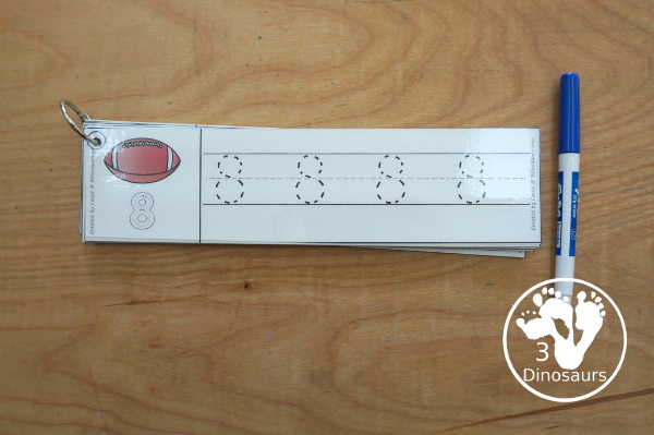 Free Football Number Tracing Strips - with numbers 0 to 20. You can tracing the numbers and an example of how to trace the numbers on the strips, plus a football on each tracing strip. - 3Dinosaurs.com