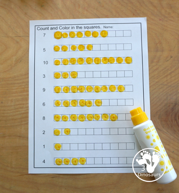 Free Number Count & Color Printables - 6 worksheets working counting from 1 to 10. With kids coloring the squares to match each of the numbers on the worksheet - 3Dinosaurs.com