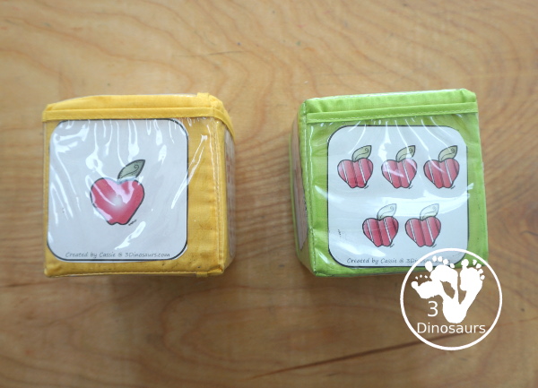 Free Roll an Apple Tree Printable - 3 Levels of learning: counting, addition, and multiplication - rolling math for  kids with apple tree theme with apple dice and recording sheet - 3Dinosaurs.com