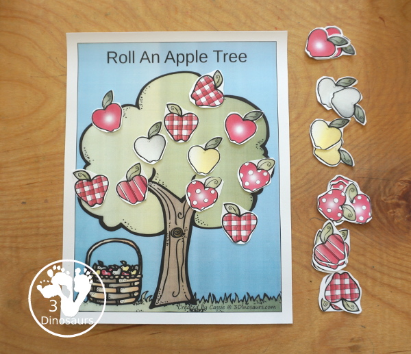 Free Roll an Apple Tree Printable - 3 Levels of learning: counting, addition, and multiplication - rolling math for  kids with apple tree theme with apple dice and recording sheet - 3Dinosaurs.com