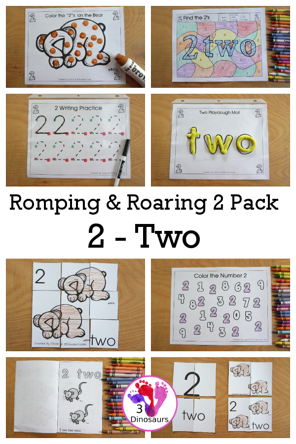 Free Romping and Roaring Number 2 Pack - with number 2 worksheets, number 2 puzzles, number 2 handwriting, number 2 dot marker worksheets and more for PreK and kindergarten age kids with a bear theme.  - 3Dinosaurs.com