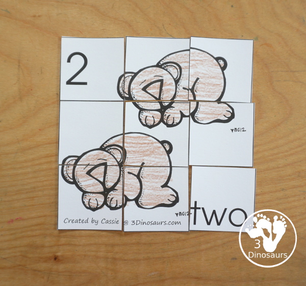 Free Romping and Roaring Number 2 Pack - with number 2 worksheets, number 2 puzzles, number 2 handwriting, number 2 dot marker worksheets and more for PreK and kindergarten age kids with a bear theme.  - 3Dinosaurs.com