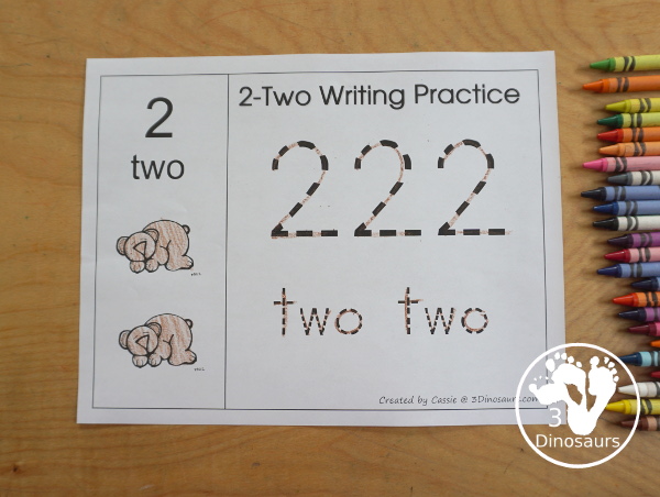Free Romping and Roaring Number 2 Pack - with number 2 worksheets, number 2 puzzles, number 2 handwriting, number 2 dot marker worksheets and more for PreK and kindergarten age kids with a bear theme.  - 3Dinosaurs.com