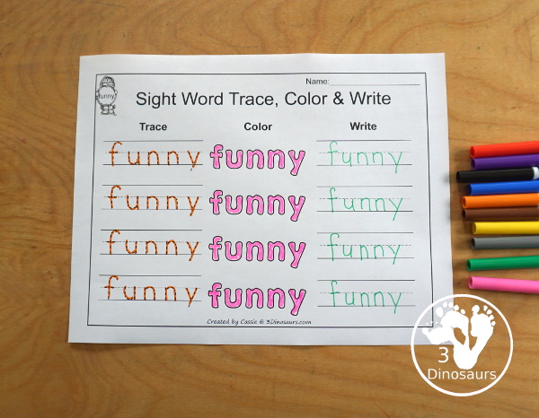 Free Romping & Roaring Preprimer Sight Words Packs Set 3: Find, For, Funny, Go - 6 pages of activities for each preprimer sight words: find, for, funny, go. These are great for easy to use learning centers - 3Dinosaurs.com