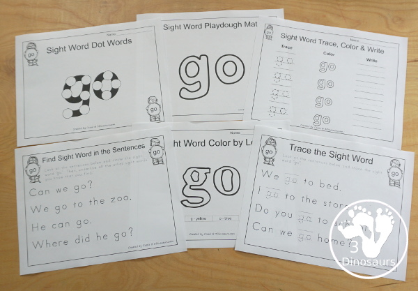 Free Romping & Roaring Preprimer Sight Words Packs Set 3: Find, For, Funny, Go - 6 pages of activities for each preprimer sight words: find, for, funny, go. These are great for easy to use learning centers - 3Dinosaurs.com