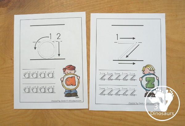 Free ABC Letter Tracing Pages Lowercase with Playdough Mats - with lowercase letters from a to z with two tracing options the letters for kids to use with guidelines for the playdough math. It has 52 pages of printables - 3Dinosaurs.com