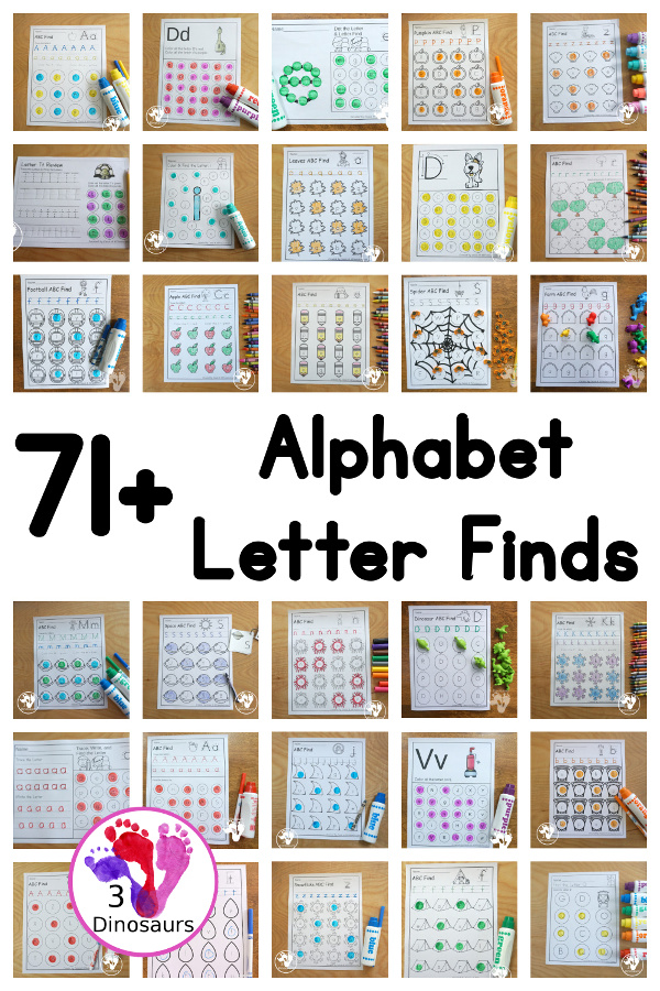 71+ Alphabet Letter finds to use with kids. You have a mix of no-prep letter finds, seasonal letter finds, dot marker letter finds and more - 3Dinosaurs.com