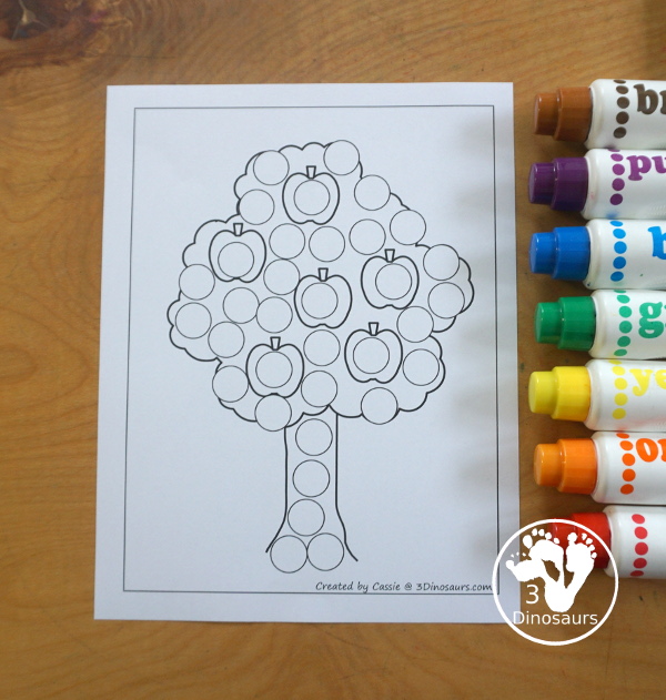 Free Apple Tree Fine Motor Mats - four apple tree fine motor mats with an apple tree template, apple tree tracing, apple tree dot marker and apple tree cotton swab. A great fall fine motor activity for prek and kindergarten - 3Dinosaurs.com