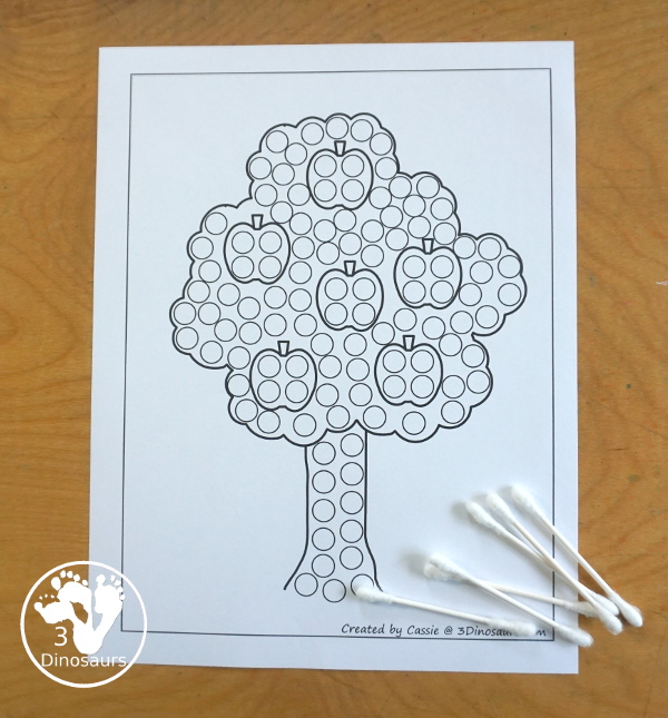 Free Apple Tree Fine Motor Mats - four apple tree fine motor mats with an apple tree template, apple tree tracing, apple tree dot marker and apple tree cotton swab. A great fall fine motor activity for prek and kindergarten - 3Dinosaurs.com