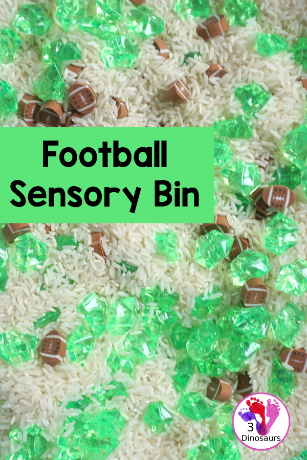 Football Sensory Bin - a simple football sensory bin for kids. You have a mix of green rocks, rice and footballs - 3Dinosaurs.com