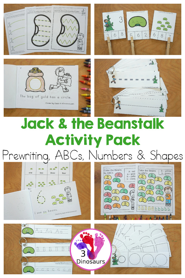 Jack & the Beanstalk Activity Pack: Prewriting, Shapes, ABCs, and Numbers - with easy reader book, clip cards, worksheets and tracing strips. All with themes for Jack and the Beanstalk - 3Dinosaurs.com
