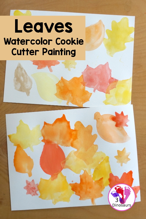 Leaves Cookie Cutter Painting - a fun fall painting wiht leaves. You can use a mix of red, yellow, orange and brown colors with this watercolor painting - 3Dinosaurs.com