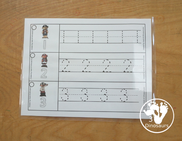 Free Pirate Number Tracing Strips - with numbers 0 to 20. You can tracing the numbers and an example of how to trace the numbers on the strips, plus a pirate on each tracing strip. - 3Dinosaurs.com