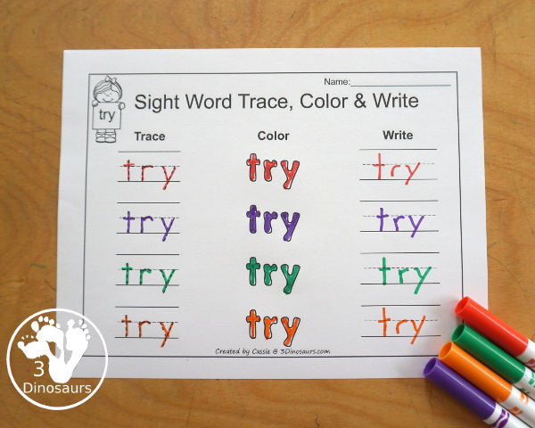Free Romping & Roaring Third Grade Sight Words Packs Set 10: Ten, Today, Together, Try- 6 pages of activities for each third Grade sight words: ten, today, together, try. These are great sight word printables for learning centers - 3Dinosaurs.com