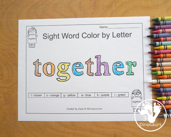 Free Romping & Roaring Third Grade Sight Words Packs Set 10: Ten, Today, Together, Try- 6 pages of activities for each third Grade sight words: ten, today, together, try. These are great sight word printables for learning centers - 3Dinosaurs.com