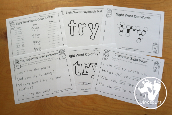 Free Romping & Roaring Third Grade Sight Words Packs Set 10:  Try- 6 pages of activities for each third Grade sight words:  try. These are great sight word printables for learning centers - 3Dinosaurs.com