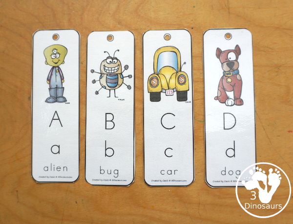 Free ABC Bookmarks - a bookmark for each letter of the alphabet with uppercase letter, lowercase letter and the word to match the picture on the bookmark. A great letter bookmark set for kids. - 3Dinosaurs.com
