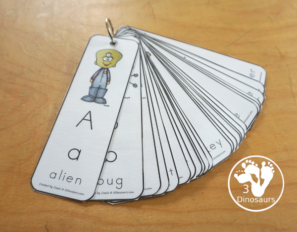 Free ABC Bookmarks - a bookmark for each letter of the alphabet with uppercase letter, lowercase letter and the word to match the picture on the bookmark. A great letter bookmark set for kids. - 3Dinosaurs.com