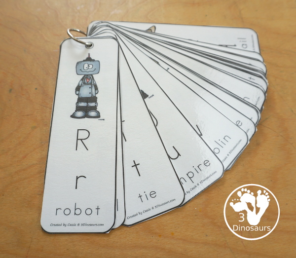 Free ABC Bookmarks - a bookmark for each letter of the alphabet with uppercase letter, lowercase letter and the word to match the picture on the bookmark. A great letter bookmark set for kids. - 3Dinosaurs.com