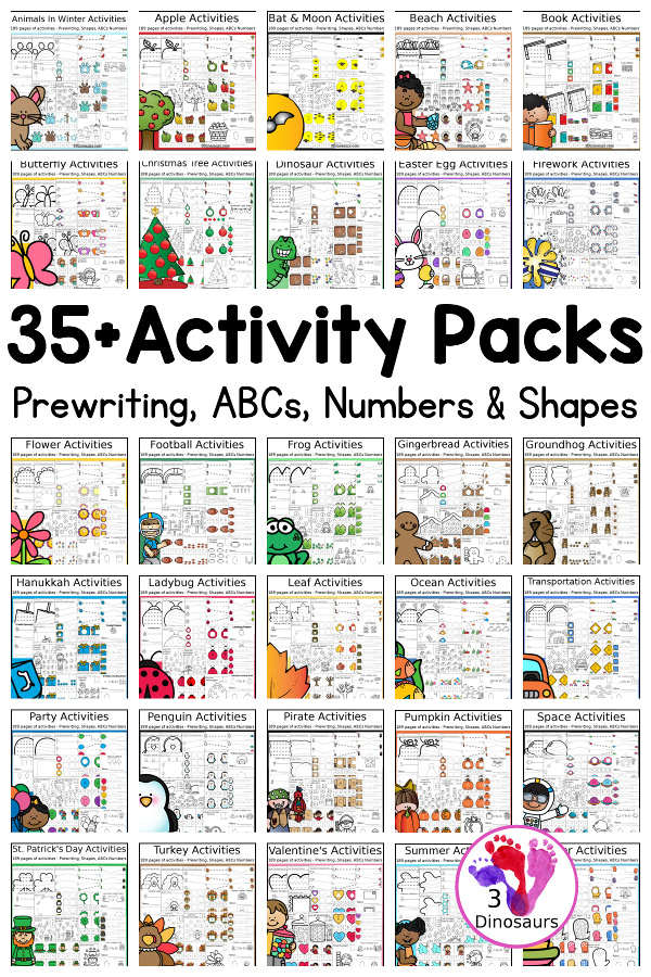 35+ Activity Packs with Prewriting, Shapes, ABCs, & Numbers - packs that all have the same activities in each pack ot help kids work on letters, numbers, shape, and prewriting all year. - 3Dinosaurs.com