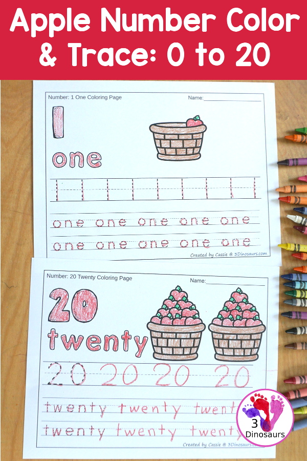 Apple Number Color & Tracing: Numbers 0 to 20 - a fun way to work on number handwriting with tracing or writing with counting apples on the basket. A great kindergarten worksheet for number handwriting - 3Dinosaurs.com