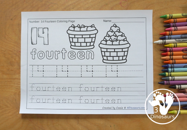 Apple Number Color & Tracing: Numbers 0 to 20 - a fun way to work on number handwriting with tracing or writing with counting apples on the basket. A great kindergarten worksheet for number handwriting - 3Dinosaurs.com