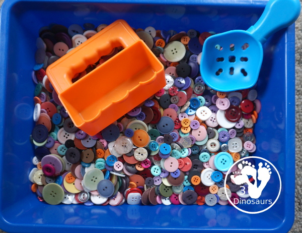 Button Sensory Bin - a simple sensory bin that we have used with a mix of activities. It is easy to set up and let kids play in. You have different sizes and mix of colors for the buttons. 3Dinosaurs.com