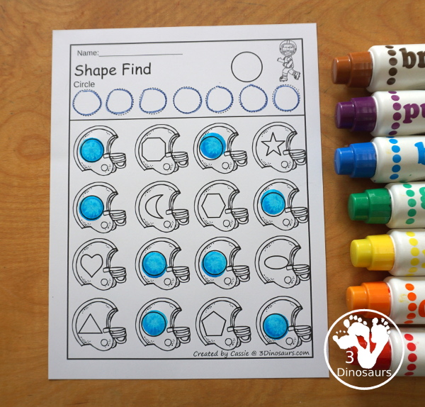 Football Shape Find Printable has 11 shape for kids to work on with shape word and geometric shapes for kids. A great shape printable for kids in preschool, prek and kindergarten.  3Dinosaurs.com
