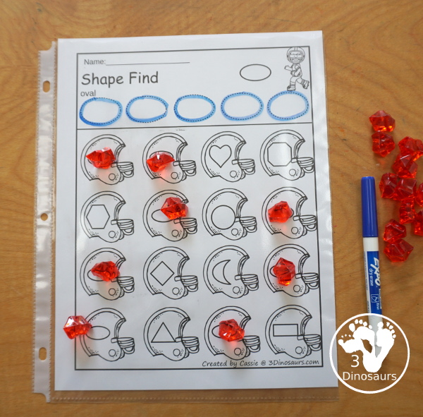 Football Shape Find Printable has 11 shape for kids to work on with shape word and geometric shapes for kids. A great shape printable for kids in preschool, prek and kindergarten.  3Dinosaurs.com