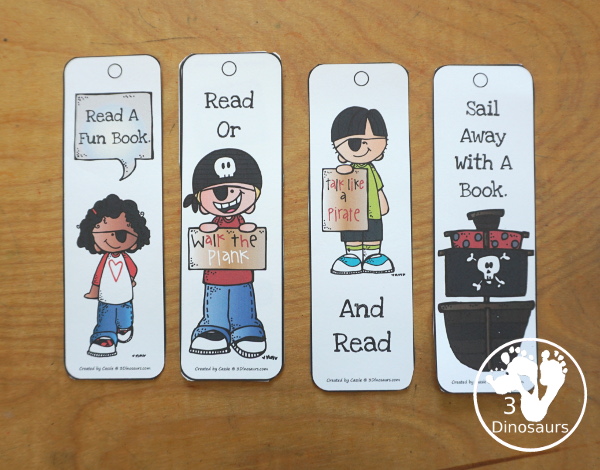 Free Pirate Bookmark Printables - 12 different bookmarks all with pirate themes that are great for Talk Like a Pirate Day and any pirate theme for kids. You have pirate kids or pirate themes on each of the bookmarks. 3Dinosaurs.com