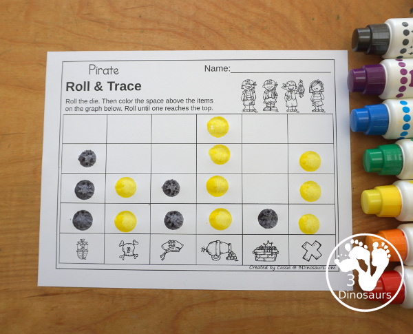 Pirate Roll & Graph With Trace Letters, Numbers & Shapes with a folding die and cube die with a graphing sheet, graphing with tracing numbers, graphing with tracing letters and graphing with tracing shapes. All with a fun pirate theme for prek and kindergarten. - 3Dinosaurs.com