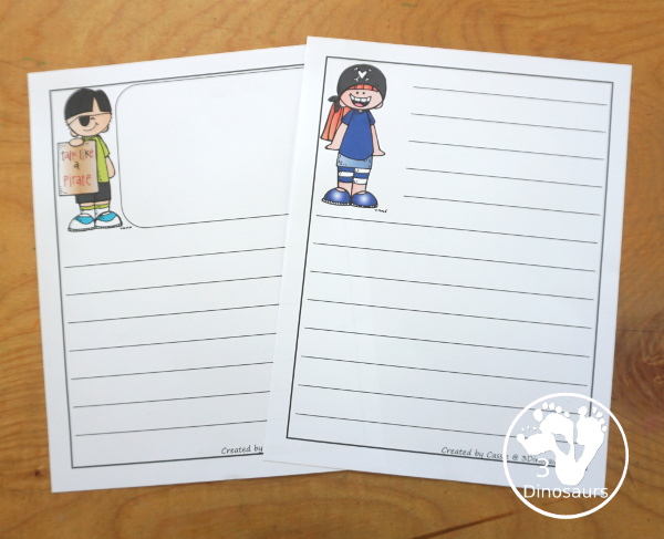 Free Pirate Writing paper Printables- 8 different images and 4 writing page types to use with kids You have single lines and guidelines with box for pictures or without box and just lines- 3Dinosaurs.com