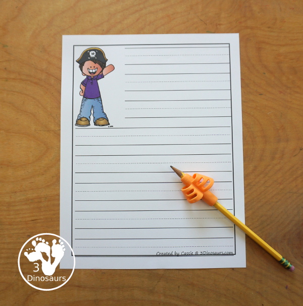 Free Pirate Writing paper Printables- 8 different images and 4 writing page types to use with kids You have single lines and guidelines with box for pictures or without box and just lines- 3Dinosaurs.com