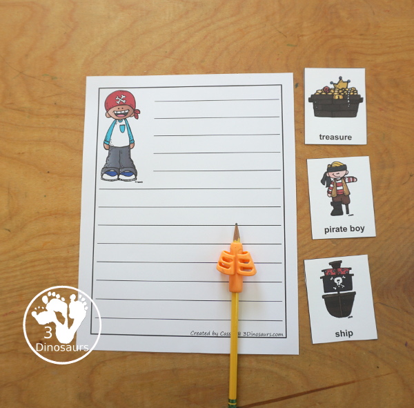 Free Pirate Writing paper Printables- 8 different images and 4 writing page types to use with kids You have single lines and guidelines with box for pictures or without box and just lines- 3Dinosaurs.com