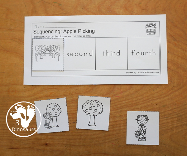 Sequencing: Apple Picking- a fun sequencing with four steps for picking apples with pictures, clip cards, order of events, easy reader books, clip card and more. 3Dinosaurs.com