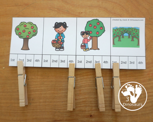 Sequencing: Apple Picking- a fun sequencing with four steps for picking apples with pictures, clip cards, order of events, easy reader books, clip card and more. 3Dinosaurs.com