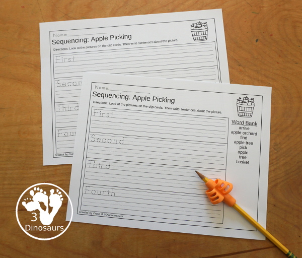 Sequencing: Apple Picking- a fun sequencing with four steps for picking apples with pictures, clip cards, order of events, easy reader books, clip card and more. 3Dinosaurs.com