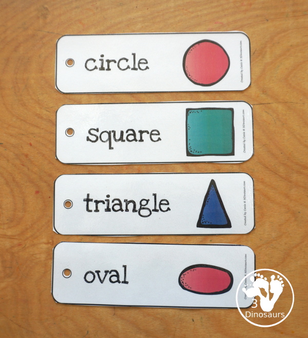 Free Shape Bookmarks - 12 different shapes on each bookmark. You have shape and shape word on each bookmark. There are four bookmarks on each page. 3Dinosaurs.com