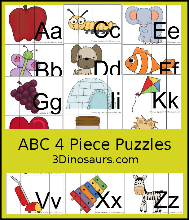Free ABC 4 Piece Puzzles - puzzles with 1 picture and abc letters matching the picture -  3Dinosaurs.com #abcs #kindergarten #prek #freeprintable 